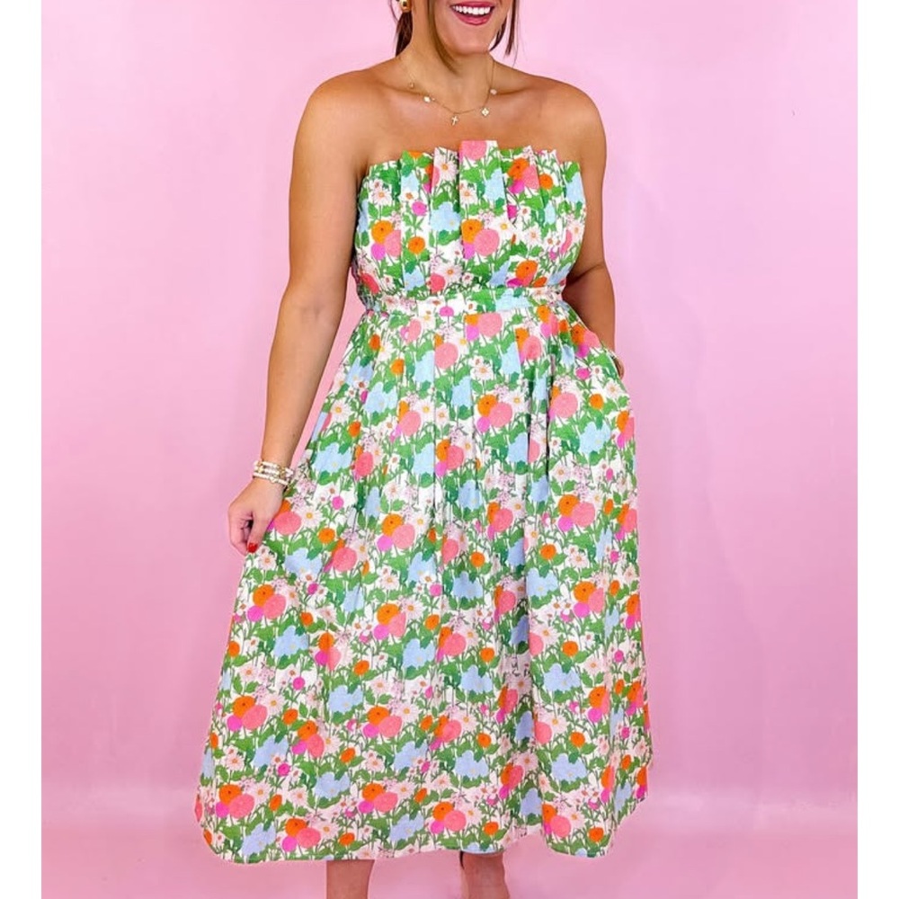 Entro Marigold Multicolor Floral Strapless Pleated Midi Dress